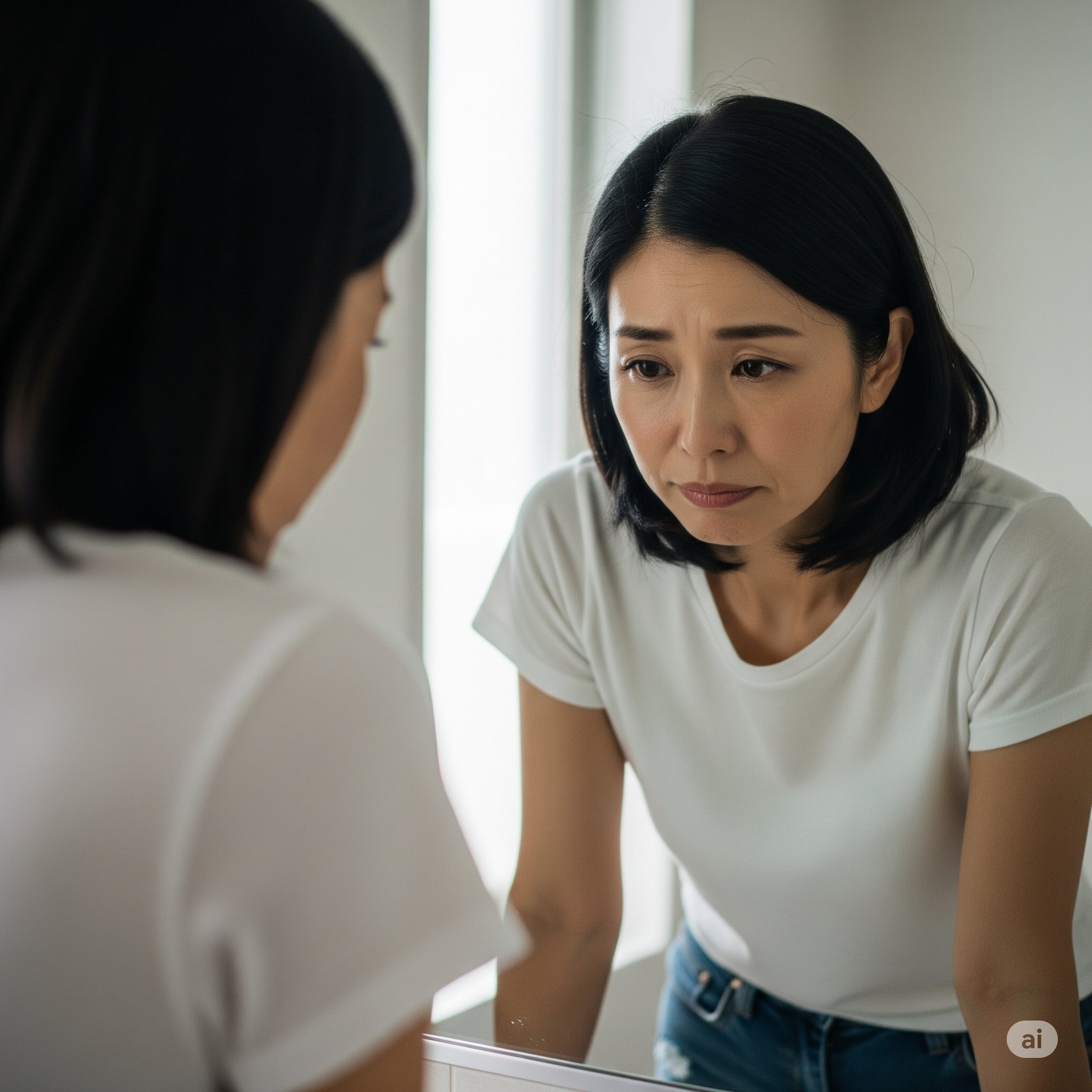 鏡を見て悩む女性